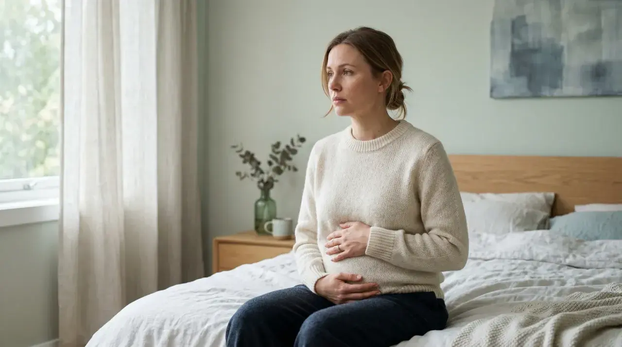 En kvinna sitter på en säng med händerna över magen, blicken fäst vid fönstret. En känsla av sorg och tyst missfall vilar över scenen.