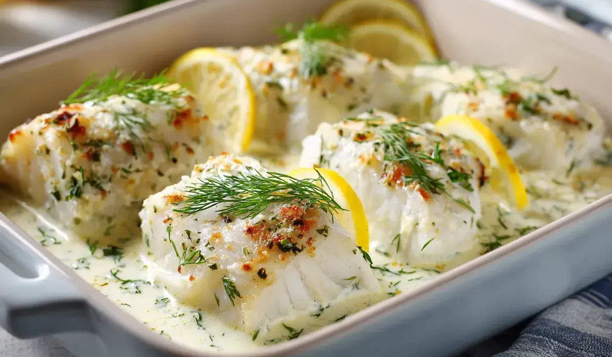 Lyxig torskrygg recept i ugn. Vackra torskfiléer i krämig sås med citron och dill, redo att avnjutas.