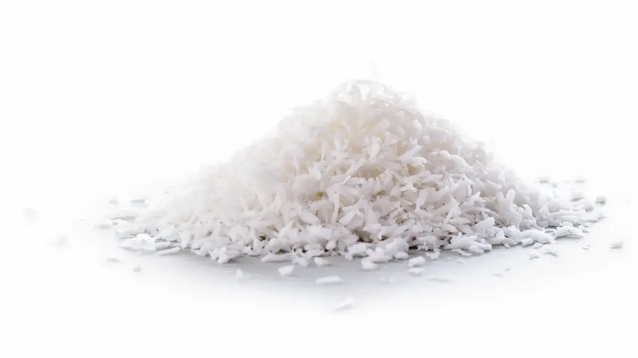 En hög med kokosflingor, ett nyttigt och mångsidigt livsmedel som kan användas i bakning och matlagning.
