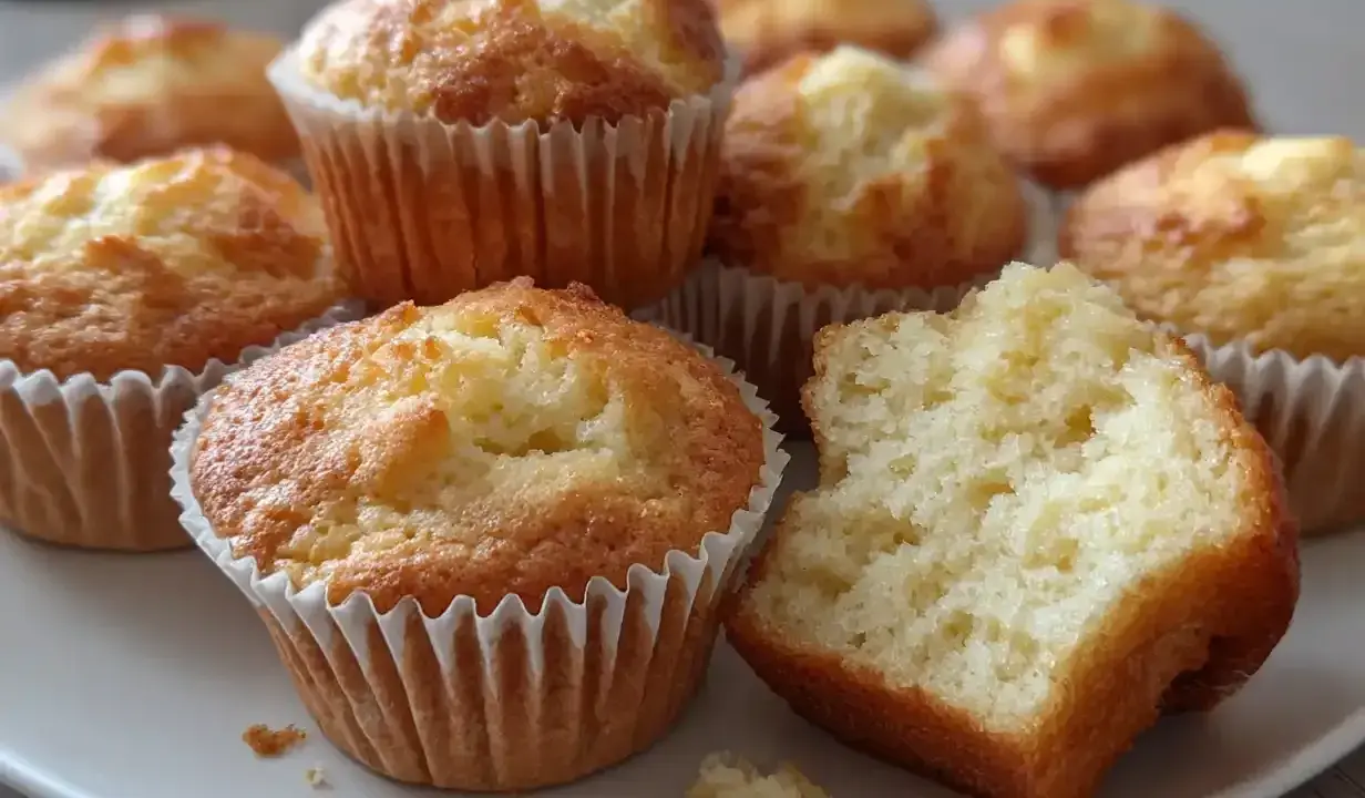 En tallrik med gyllene mellanmålsmuffins barn älskar. En muffin är uppdelad och visar en mjuk insida.