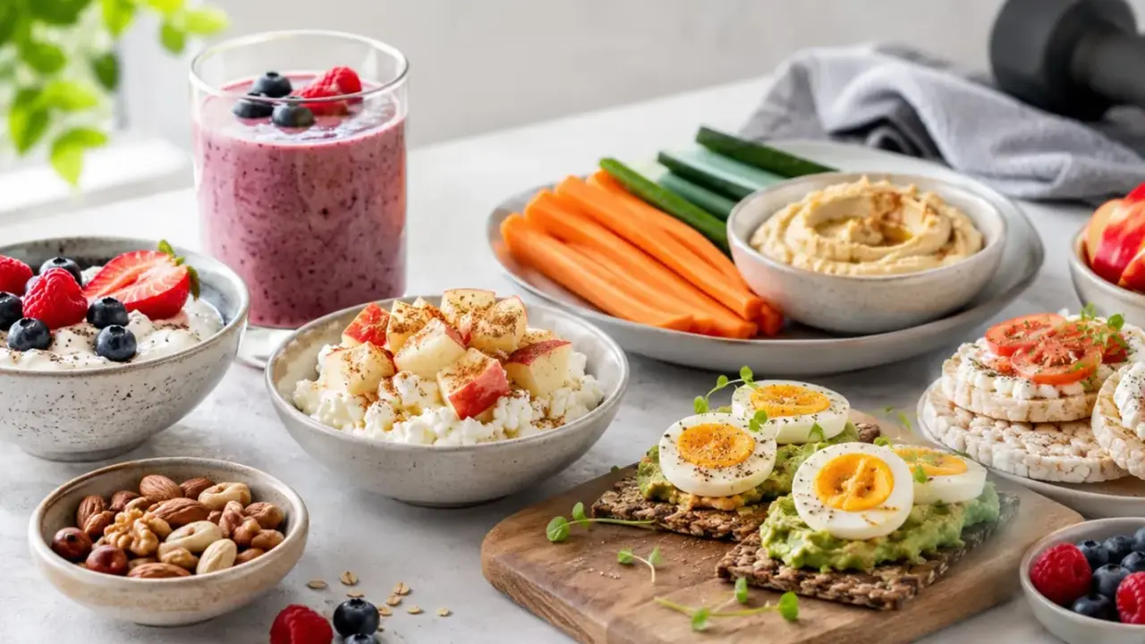 En hälsosam buffé med bärsmoothie, kvarg med frukt, nötter, äggmackor och grönsaker. Perfekt för ett proteinrikt mellanmål.