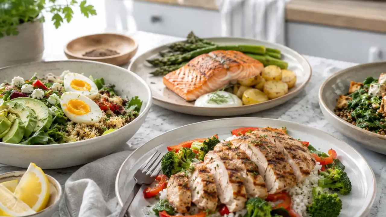 Läckra proteinrika recept middag: grillad lax med grönsaker, kycklingfilé med ris och en fräsch sallad med avokado och ägg.