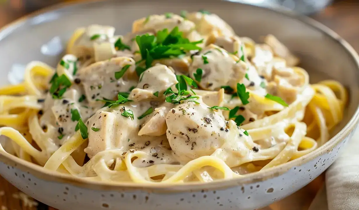 En krämig kyckling pasta med färsk persilja och svartpeppar, serverad i en rustik skål.