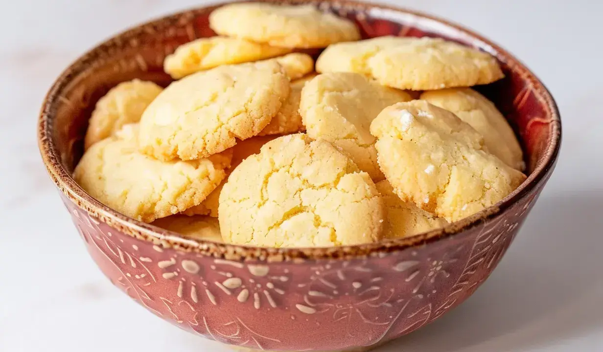 En skål fylld med gyllene, krispiga mandelmusslor glutenfria. Perfekta för fikat!