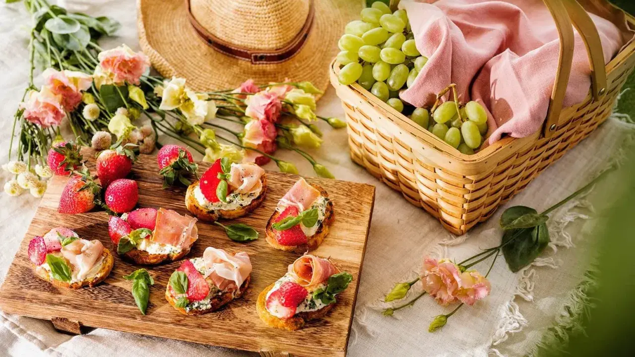 En härlig picknick med bruschetta toppad med jordgubbar och parmaskinka, färska vindruvor i korg och blommor.