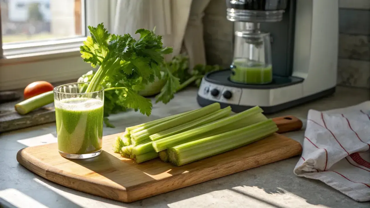 Färska selleristavar och juice på en skärbräda, redo för en hälsosam start på dagen. Selleri viktnedgång kan vara en del av en hälsosam livsstil.