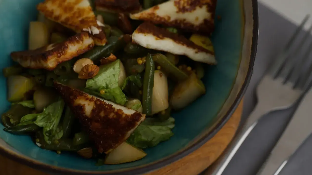 En sallad med grillad halloumi, gröna bönor, päron och nötter. En proteinrik och smakrik rätt.