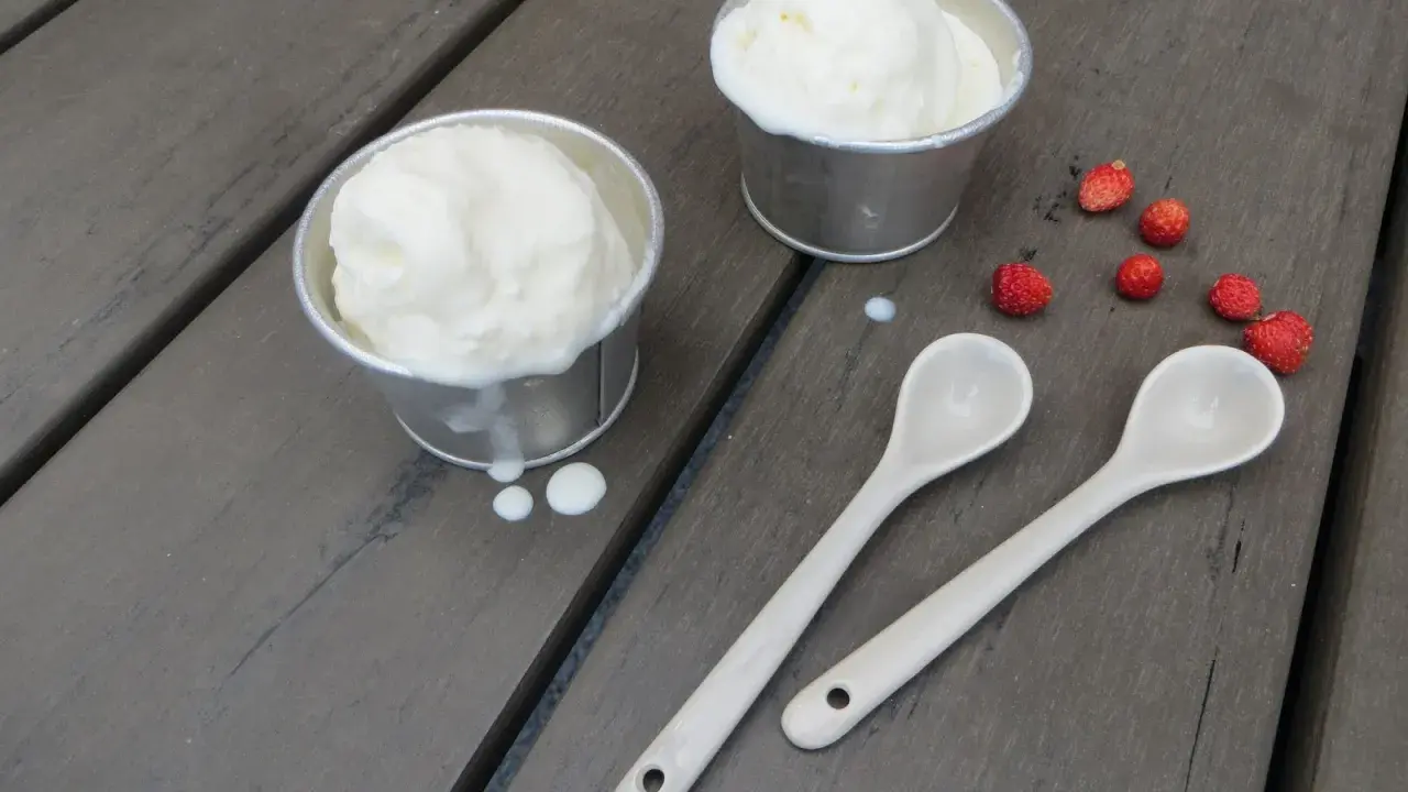 Två skålar med krämig glass på turkisk yoghurt, med vildhallon och skedar på en träyta.