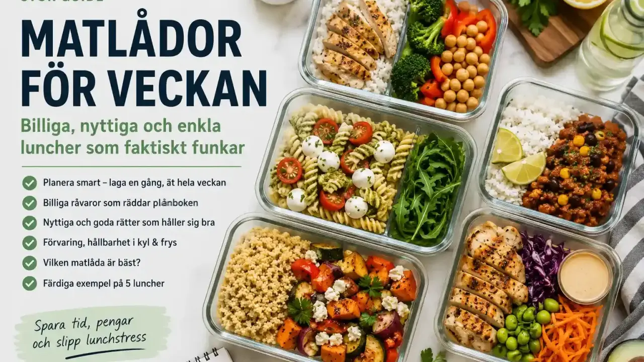 Fem färgglada matlådor med kyckling, pasta, ris och grönsaker. Perfekt för att preppa matlådor för veckan och spara tid.