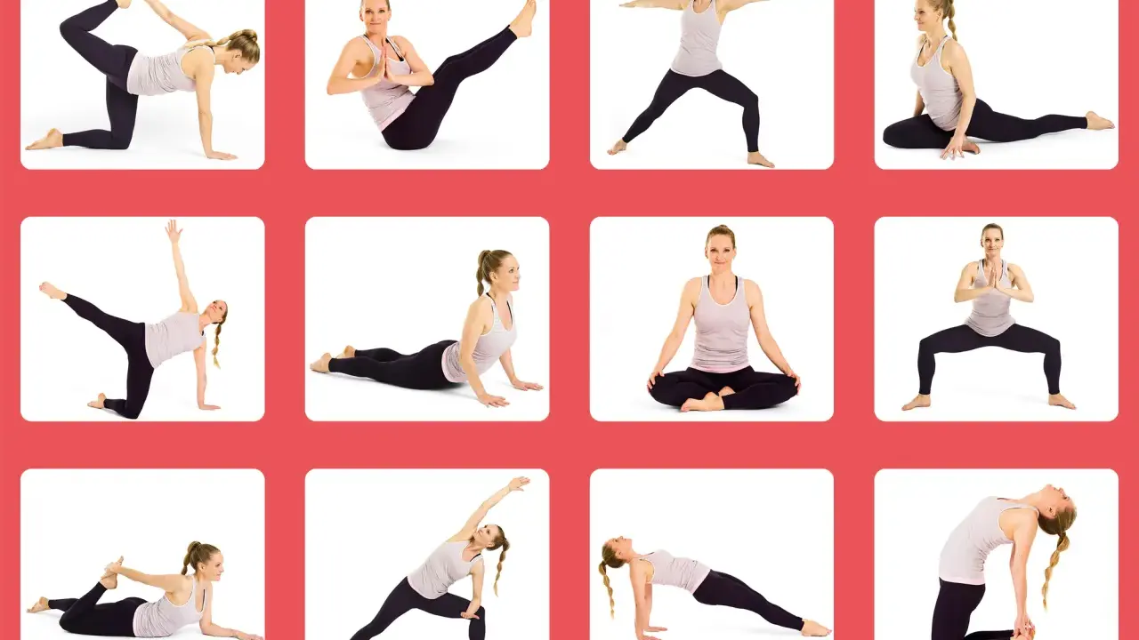 En kvinna visar olika yoga positioner, som krigare, duva och kobran. Dessa yoga positioner namn kan hjälpa till med flexibilitet.