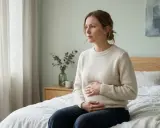 En kvinna sitter på en säng med händerna över magen, blicken fäst vid fönstret. En känsla av sorg och tyst missfall vilar över scenen.