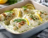 Lyxig torskrygg recept i ugn. Vackra torskfiléer i krämig sås med citron och dill, redo att avnjutas.
