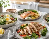Läckra proteinrika recept middag: grillad lax med grönsaker, kycklingfilé med ris och en fräsch sallad med avokado och ägg.