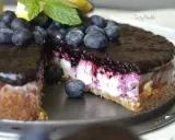 En läcker blåbärscheesecake, perfekt för ett protein kakor recept. Garnerad med färska blåbär och mynta.