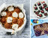 Tre sockerfria desserter: kanelbullar med glasyr, chokladbitar med bär och en blåbärscrumble.