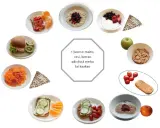 Olika alternativ för mellanmål barn utflykt: smörgåsar, frukt, gröt, yoghurt och kex.