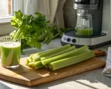 Färska selleristavar och juice på en skärbräda, redo för en hälsosam start på dagen. Selleri viktnedgång kan vara en del av en hälsosam livsstil.