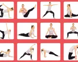 En kvinna visar olika yoga positioner, som krigare, duva och kobran. Dessa yoga positioner namn kan hjälpa till med flexibilitet.