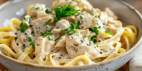 En krämig kyckling pasta med färsk persilja och svartpeppar, serverad i en rustik skål.
