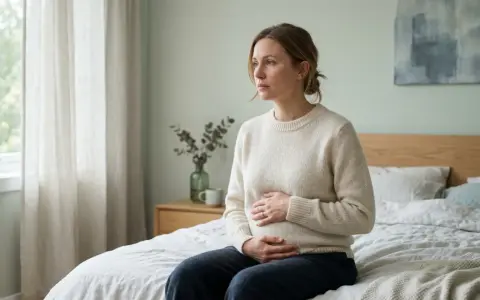 En kvinna sitter på en säng med händerna över magen, blicken fäst vid fönstret. En känsla av sorg och tyst missfall vilar över scenen.