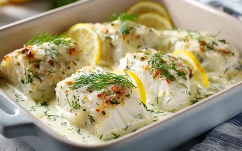 Lyxig torskrygg recept i ugn. Vackra torskfiléer i krämig sås med citron och dill, redo att avnjutas.