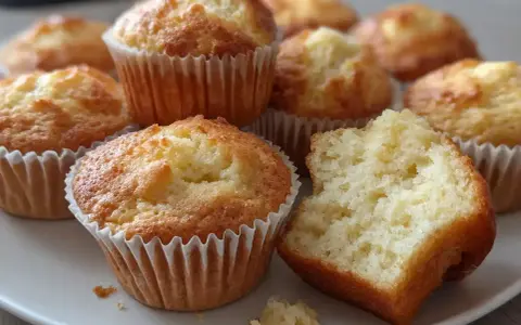 En tallrik med gyllene mellanmålsmuffins barn älskar. En muffin är uppdelad och visar en mjuk insida.