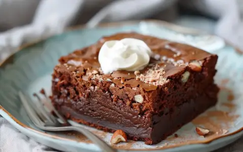 En saftig brownie utan socker, toppad med vispgrädde och nötter. Perfekt för den som vill njuta av choklad utan tillsatt socker.