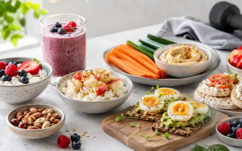 En hälsosam buffé med bärsmoothie, kvarg med frukt, nötter, äggmackor och grönsaker. Perfekt för ett proteinrikt mellanmål.