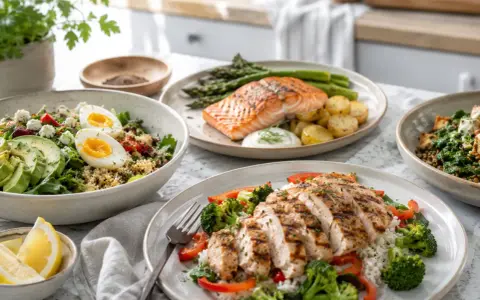 Läckra proteinrika recept middag: grillad lax med grönsaker, kycklingfilé med ris och en fräsch sallad med avokado och ägg.