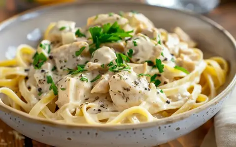 En krämig kyckling pasta med färsk persilja och svartpeppar, serverad i en rustik skål.