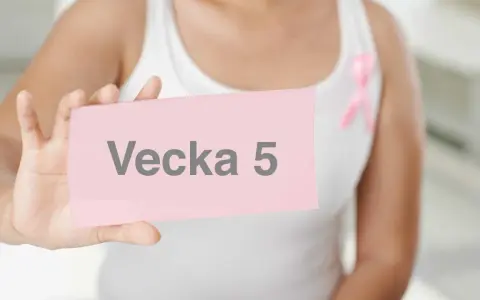 En person håller upp en rosa lapp med texten "Vecka 5". En rosa band pryder personens vita linne.