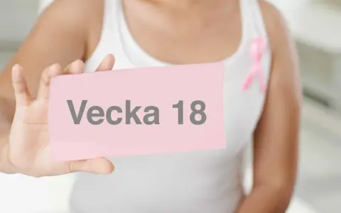 En person håller upp en rosa lapp med texten "Vecka 18". En rosa band pryder personens vita linne, vilket antyder en graviditet i vecka 18.
