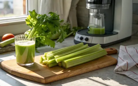 Färska selleristavar och juice på en skärbräda, redo för en hälsosam start på dagen. Selleri viktnedgång kan vara en del av en hälsosam livsstil.