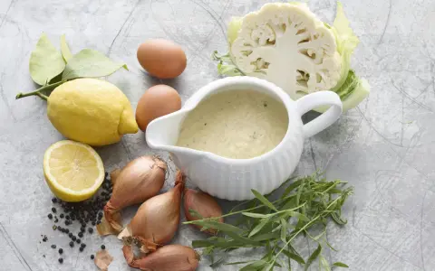 En skål med nyttig bearnaisesås omgiven av ingredienser som citron, ägg, schalottenlök, pepparkorn, dragon och blomkål.