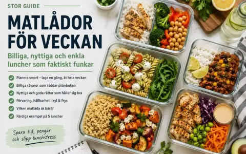 Fem färgglada matlådor med kyckling, pasta, ris och grönsaker. Perfekt för att preppa matlådor för veckan och spara tid.