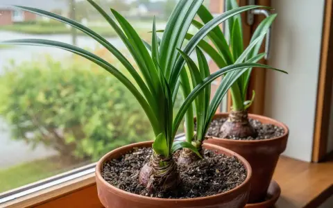 Två amaryllisar i krukor på en fönsterbräda. Lär dig hur vattnar man amaryllis för att få vackra blommor.