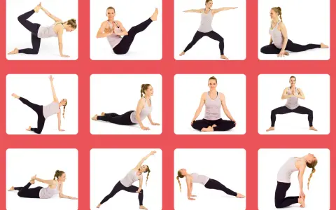 En kvinna visar olika yoga positioner, som krigare, duva och kobran. Dessa yoga positioner namn kan hjälpa till med flexibilitet.