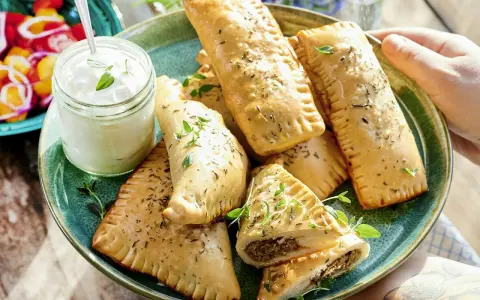 En tallrik med gyllene, fyllda piroger och en burk krämig dipp. Perfekta nyttiga snacks barn kan njuta av.