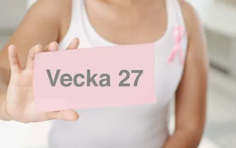En person håller upp ett rosa kort med texten "Vecka 27". En rosa band pryder personens vita linne.