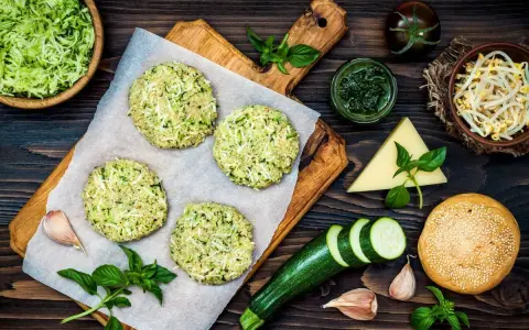 Zucchinibiffar på bakplåtspapper, ingredienser för proteinrik mat med lite kalorier recept.