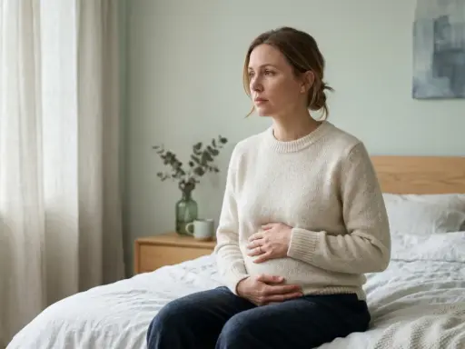 En kvinna sitter på en säng med händerna över magen, blicken fäst vid fönstret. En känsla av sorg och tyst missfall vilar över scenen.