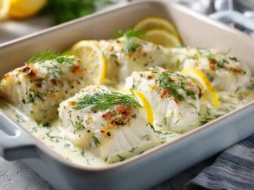 Lyxig torskrygg recept i ugn. Vackra torskfiléer i krämig sås med citron och dill, redo att avnjutas.