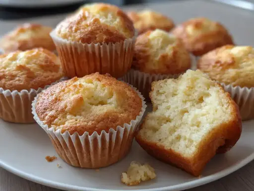 En tallrik med gyllene mellanmålsmuffins barn älskar. En muffin är uppdelad och visar en mjuk insida.