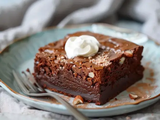 En saftig brownie utan socker, toppad med vispgrädde och nötter. Perfekt för den som vill njuta av choklad utan tillsatt socker.