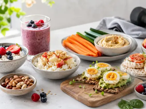 En hälsosam buffé med bärsmoothie, kvarg med frukt, nötter, äggmackor och grönsaker. Perfekt för ett proteinrikt mellanmål.