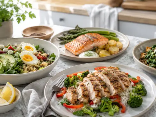 Läckra proteinrika recept middag: grillad lax med grönsaker, kycklingfilé med ris och en fräsch sallad med avokado och ägg.