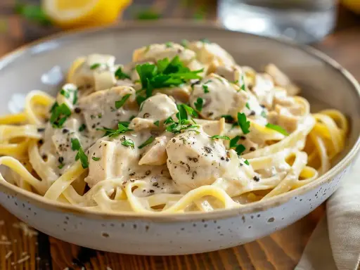 En krämig kyckling pasta med färsk persilja och svartpeppar, serverad i en rustik skål.