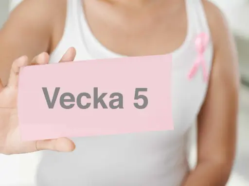 En person håller upp en rosa lapp med texten "Vecka 5". En rosa band pryder personens vita linne.