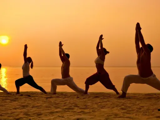 Silhuetter av människor som utövar yoga på en strand vid solnedgången. En fridfull yoga retreat Sverige upplevelse.