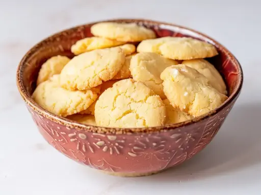 En skål fylld med gyllene, krispiga mandelmusslor glutenfria. Perfekta för fikat!